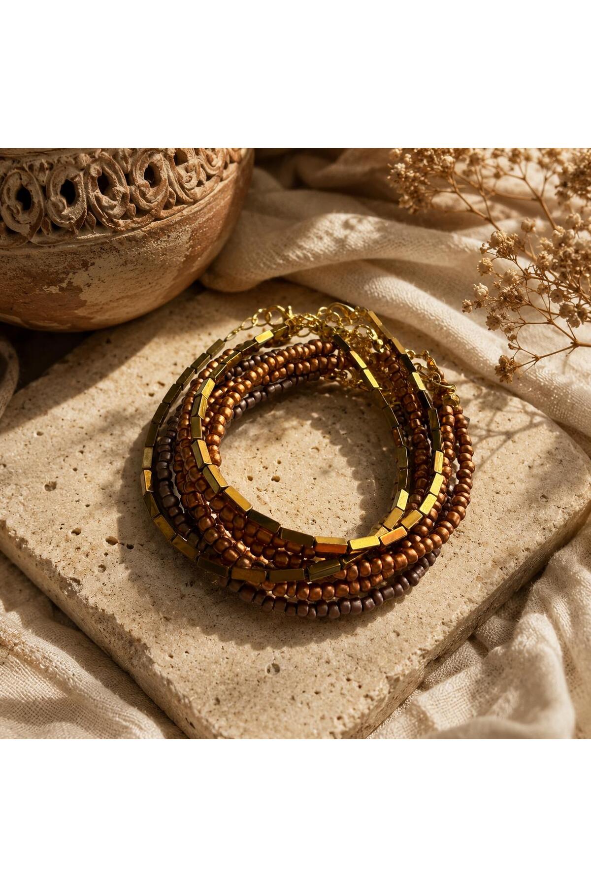 Kadın Gold Hematit Taşlı Çoklu Bileklik