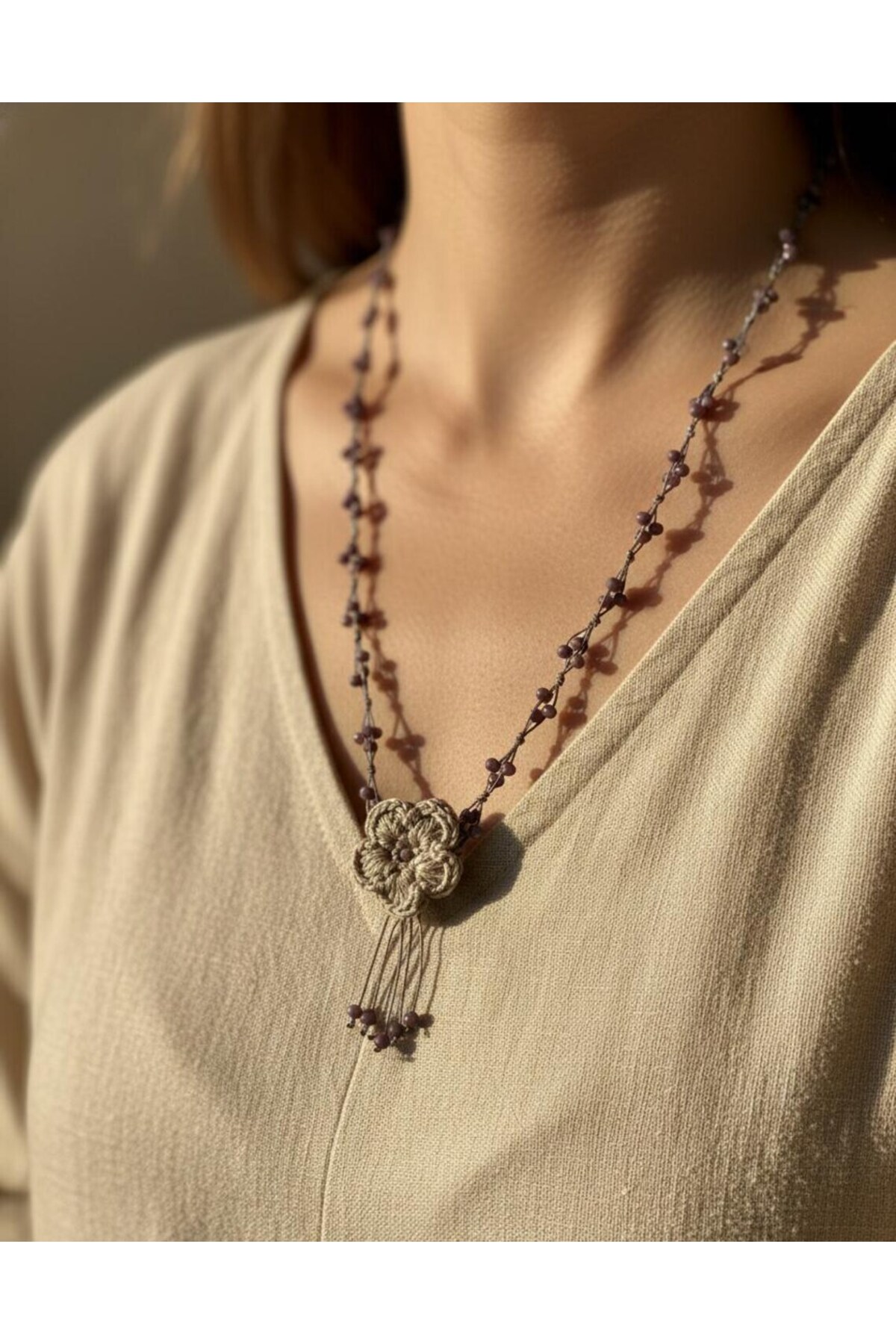 Kadın Howlite Boncuklu Tığ İşi Çiçekli Bohem Kolye