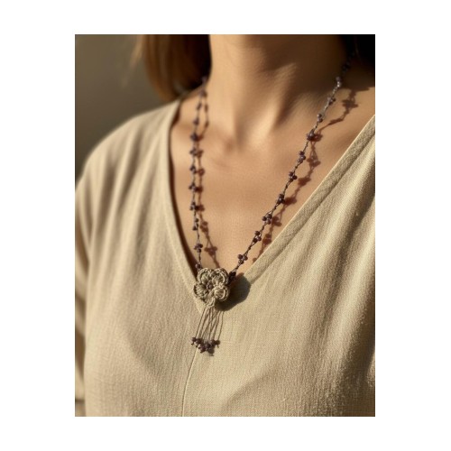 Kadın Howlite Boncuklu Tığ İşi Çiçekli Bohem Kolye